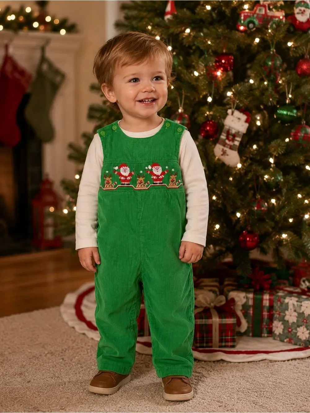 Velani Classics Kelly Green Corduroy Santa Rudolph Reindeer Smocked Overalls 6M